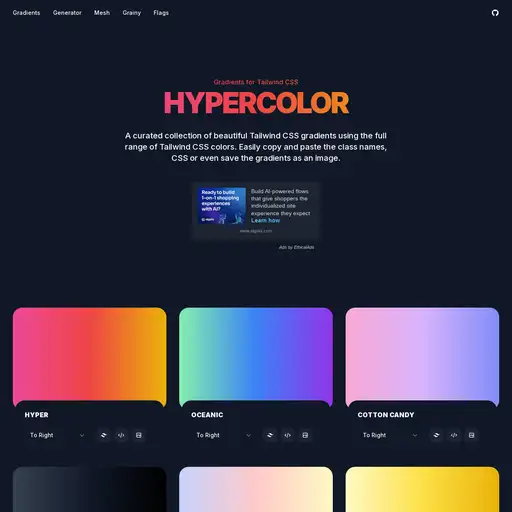 Screenshot of Hypercolor Tailwind Gradients website