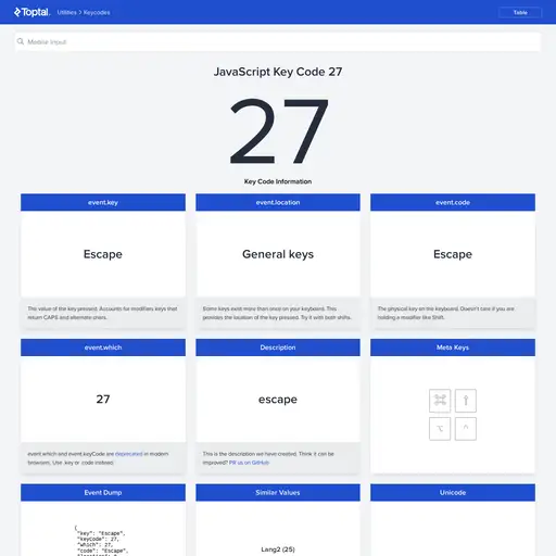 Screenshot of JavaScript Event Keycodes website