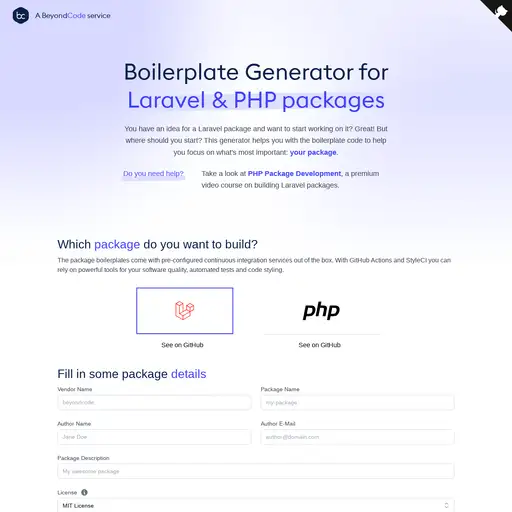 Screenshot of Laravel/PHP Package Boilerplate website