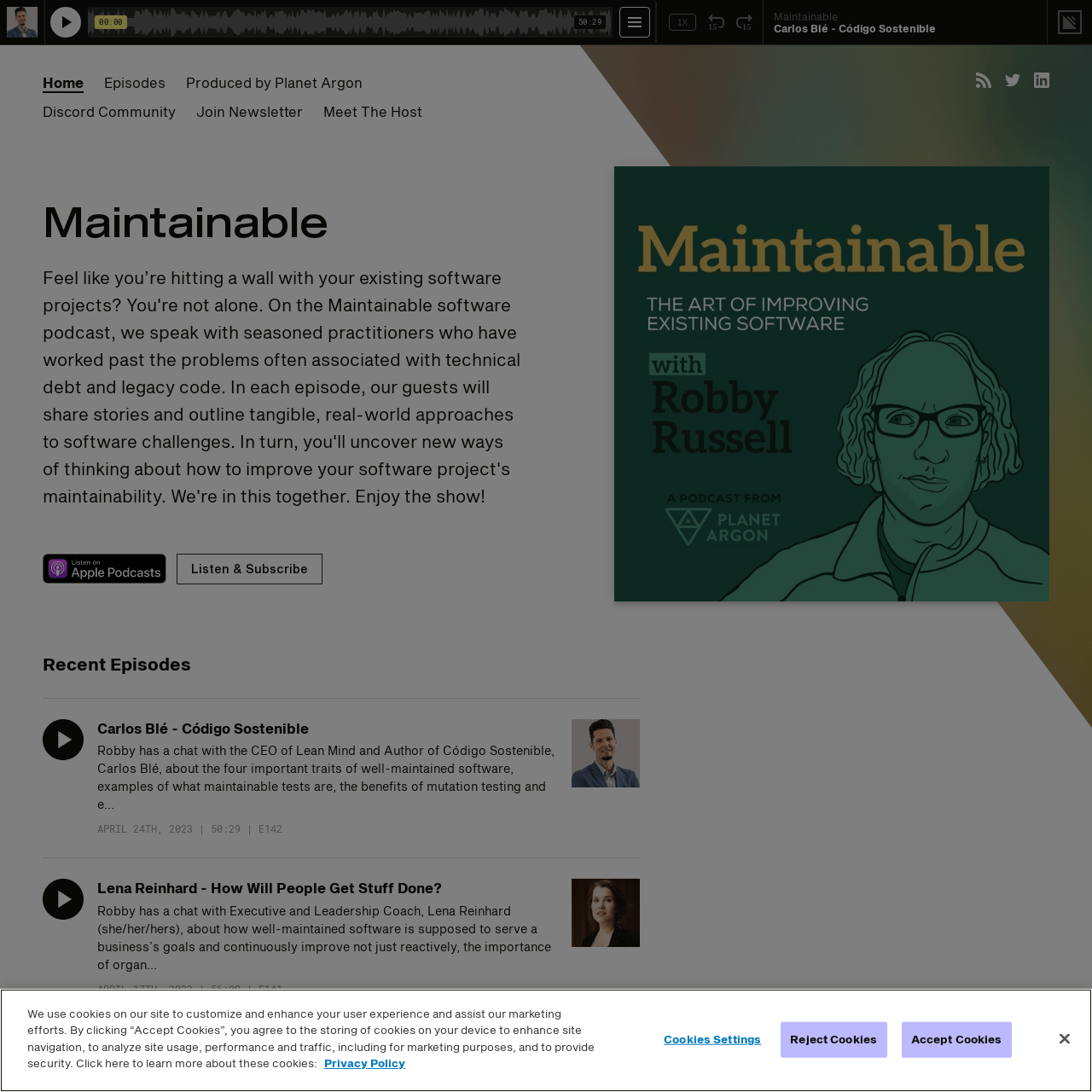 Screenshot of Maintainable Podcast website