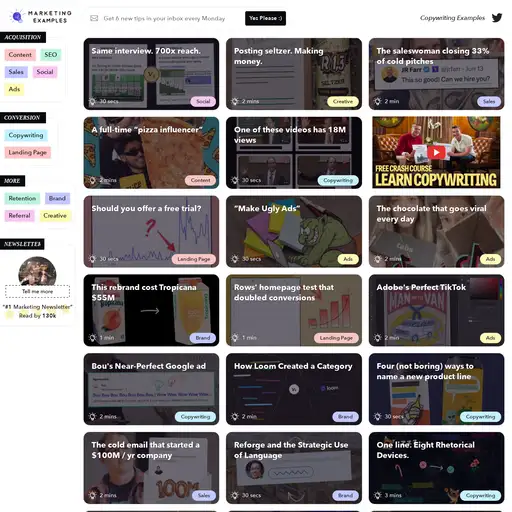 Screenshot of Marketing Examples website