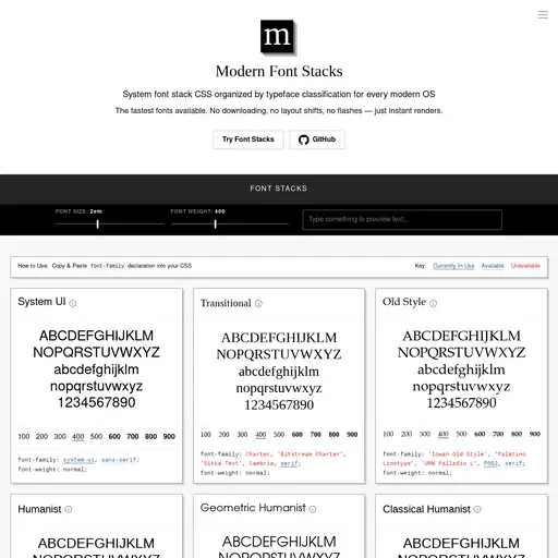 Screenshot of Modern Font Stacks website