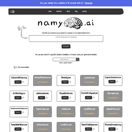 Screenshot of Namy AI Domains website