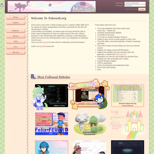 Screenshot of Nekoweb website