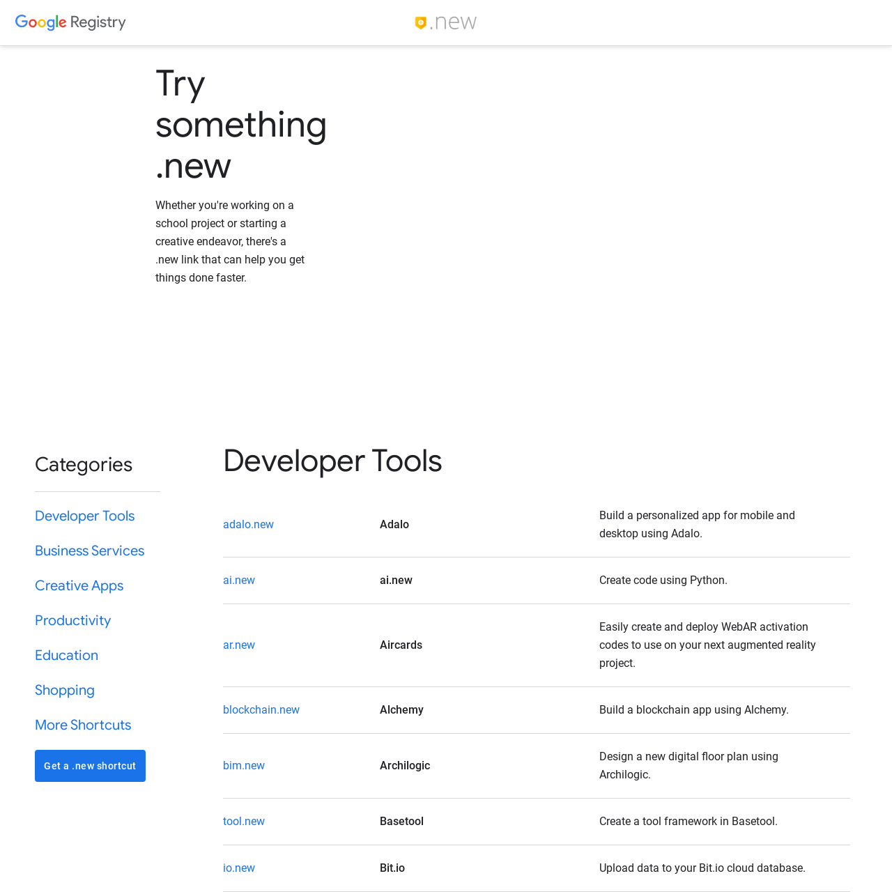 Screenshot of .new Registry website