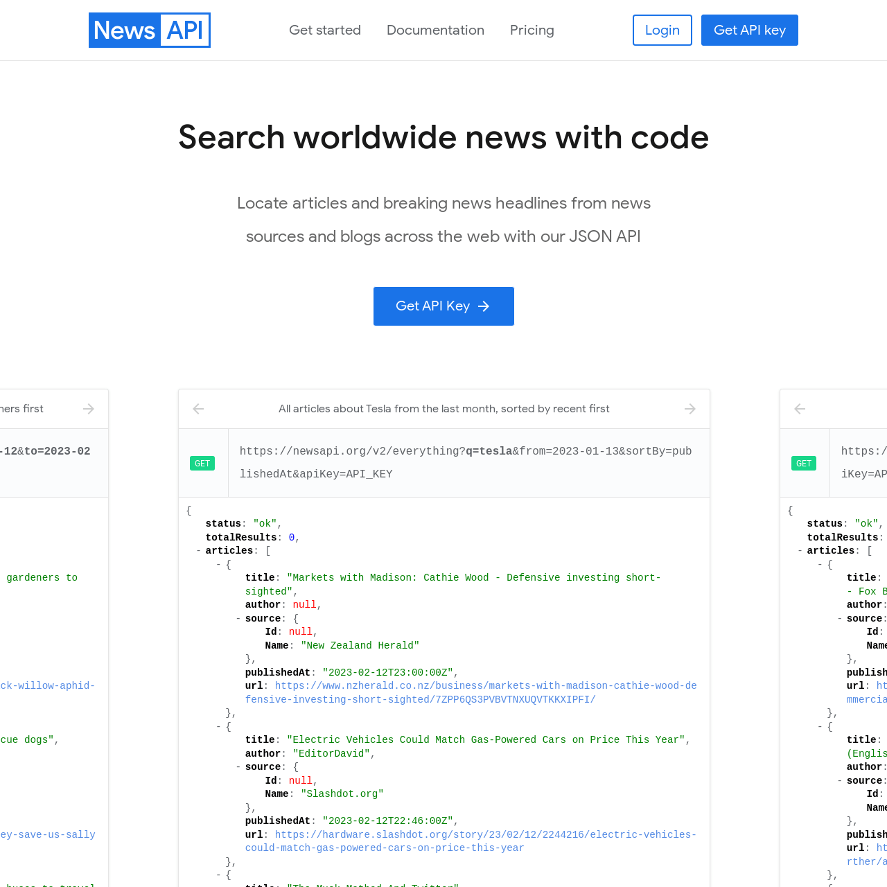 Screenshot of News API website