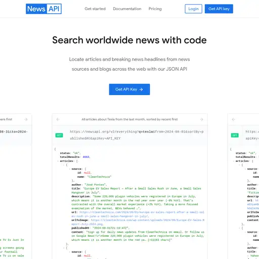 Screenshot of News API website