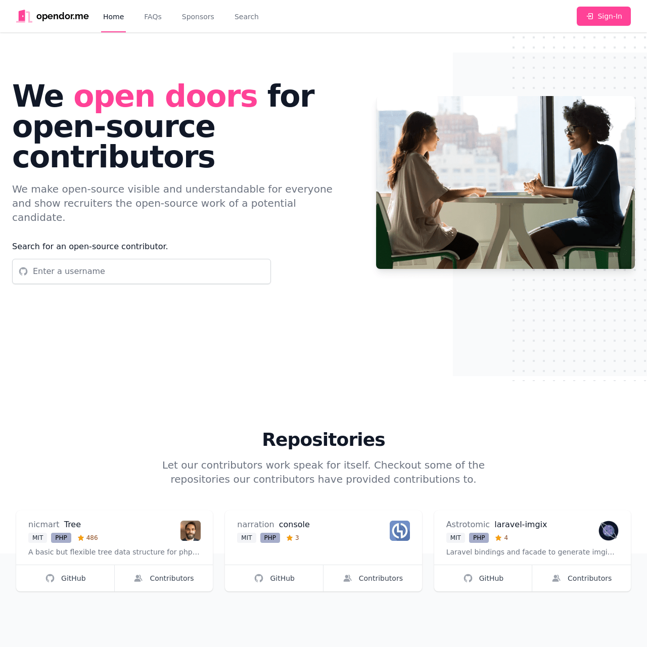Screenshot of Opendor website