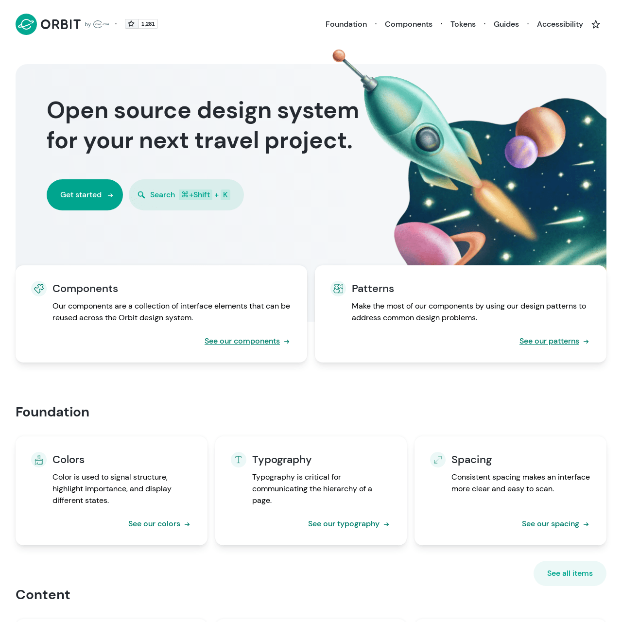 Screenshot of Orbit Travel Design System website