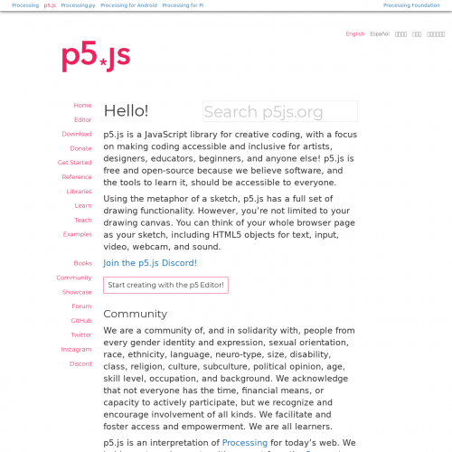 Screenshot of p5.js website
