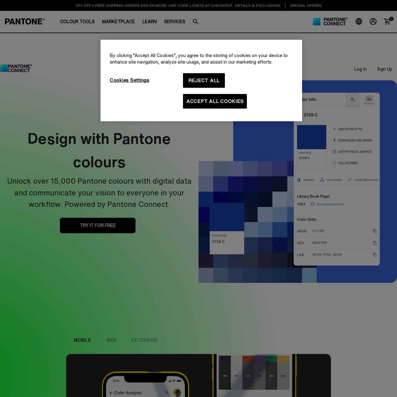 Screenshot of Pantone Colour Finder website