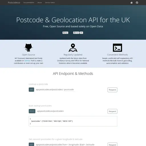 Screenshot of Postcodes.io website