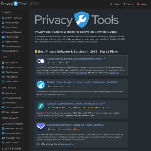 Screenshot of Privacy Tools website