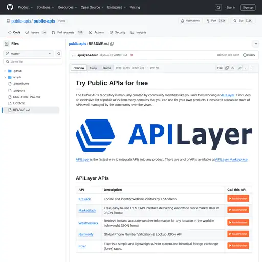 Screenshot of Public APIs website