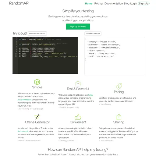 Screenshot of RandomAPI website