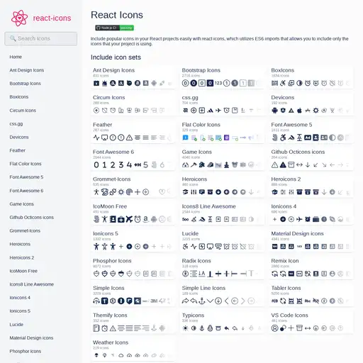 Screenshot of React Icons website