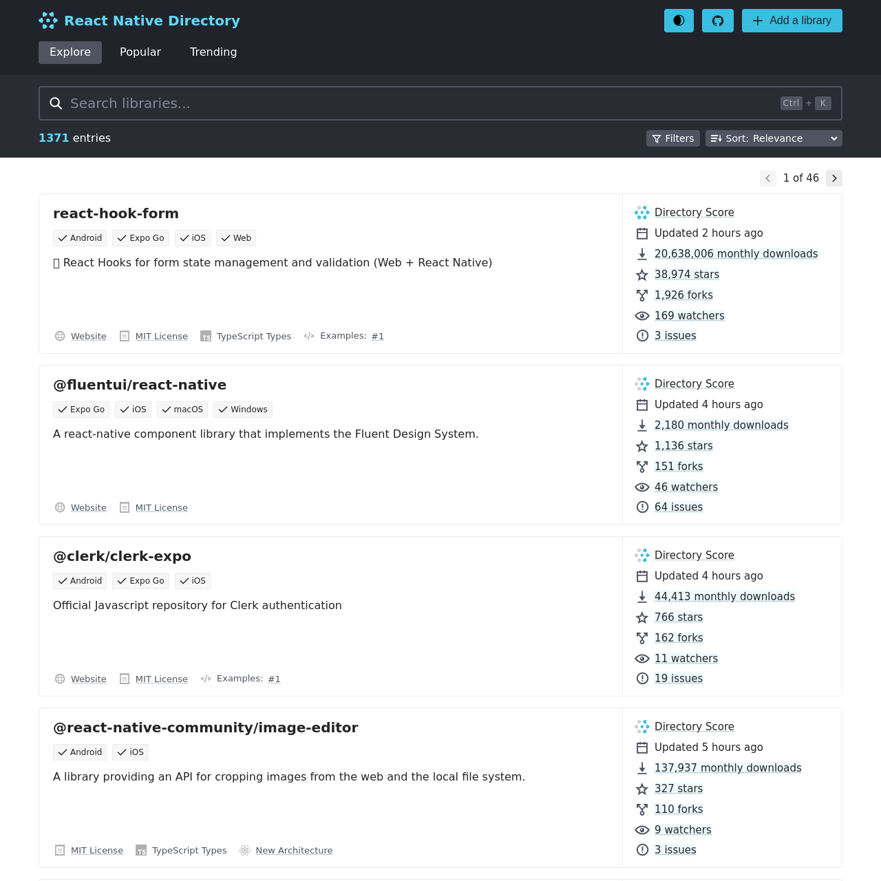 Screenshot of React Native Directory website