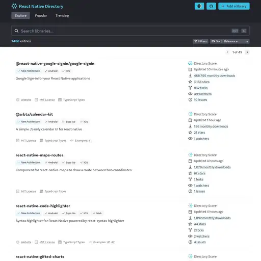 Screenshot of React Native Directory website