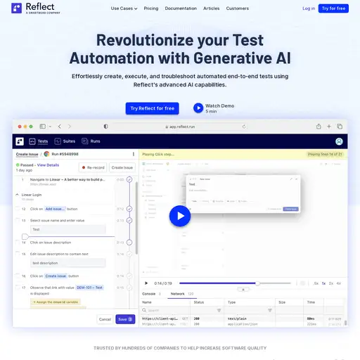 Screenshot of Reflect Automated Testing website