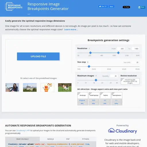Screenshot of Responsive Image Breakpoints Generator website