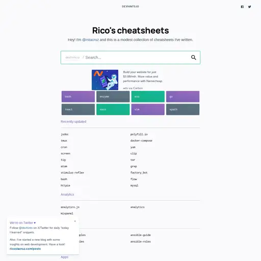 Screenshot of Rico’s Cheatsheets website