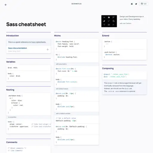 Screenshot of Sass Cheatsheet website