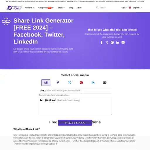 Screenshot of Share Link Generator website