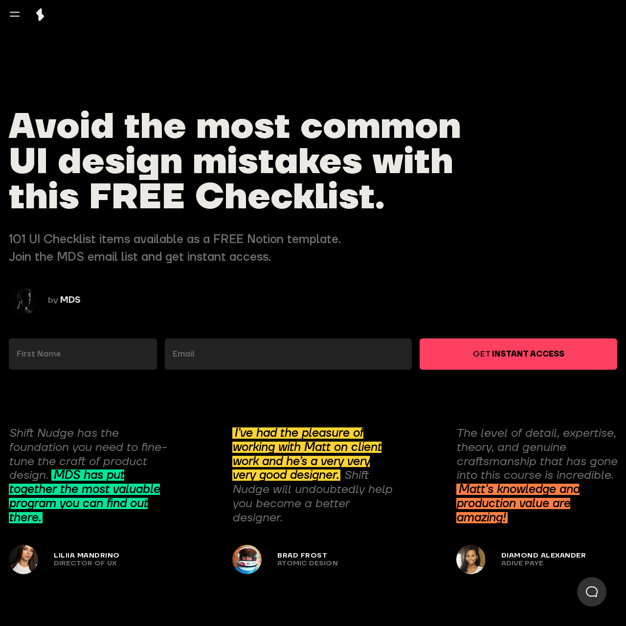 Screenshot of Shift Nudge UI Checklist website