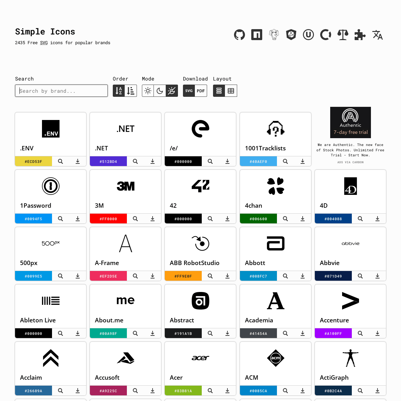 Screenshot of Simple Icons website