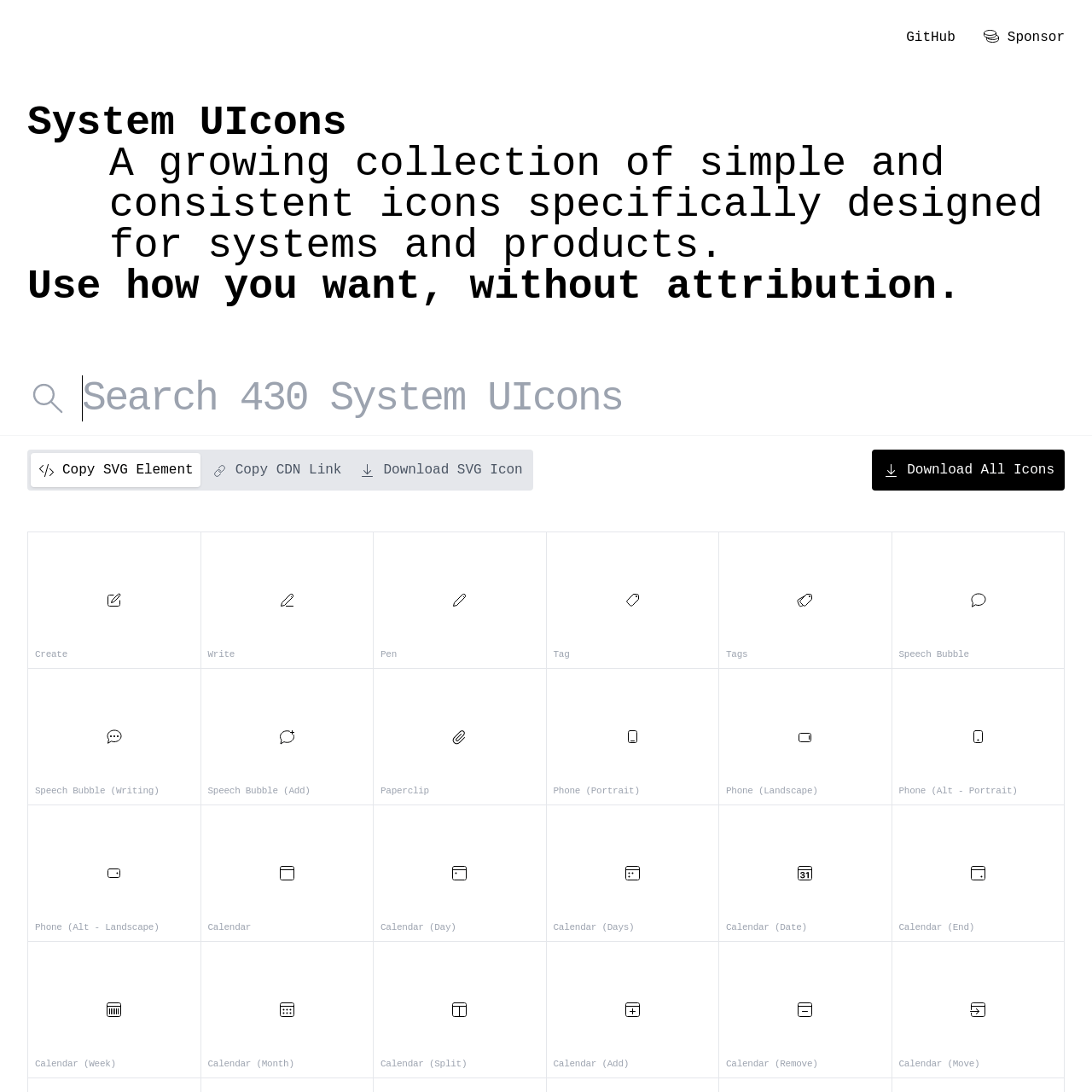 Screenshot of System UIcons website