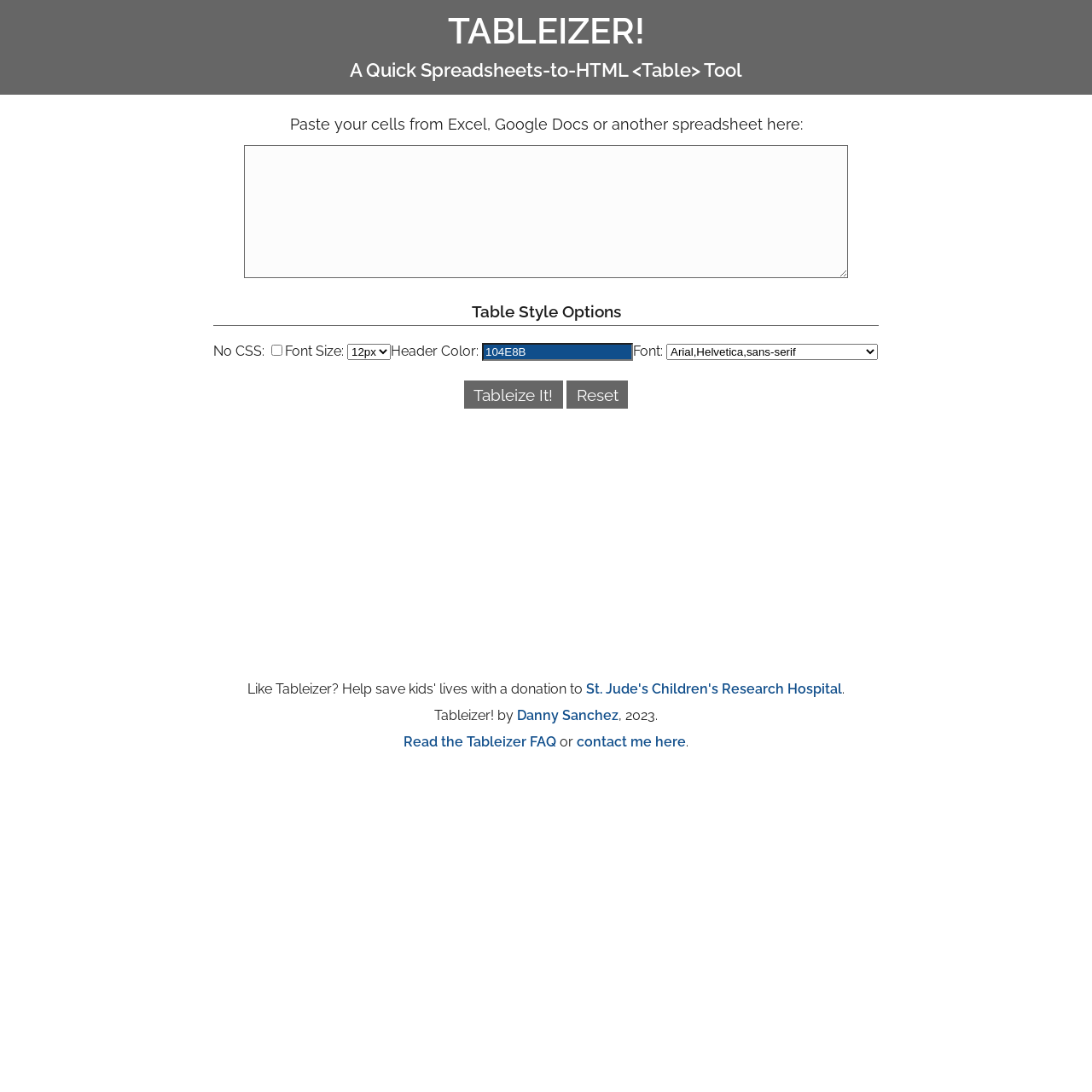 Screenshot of Tableizer website