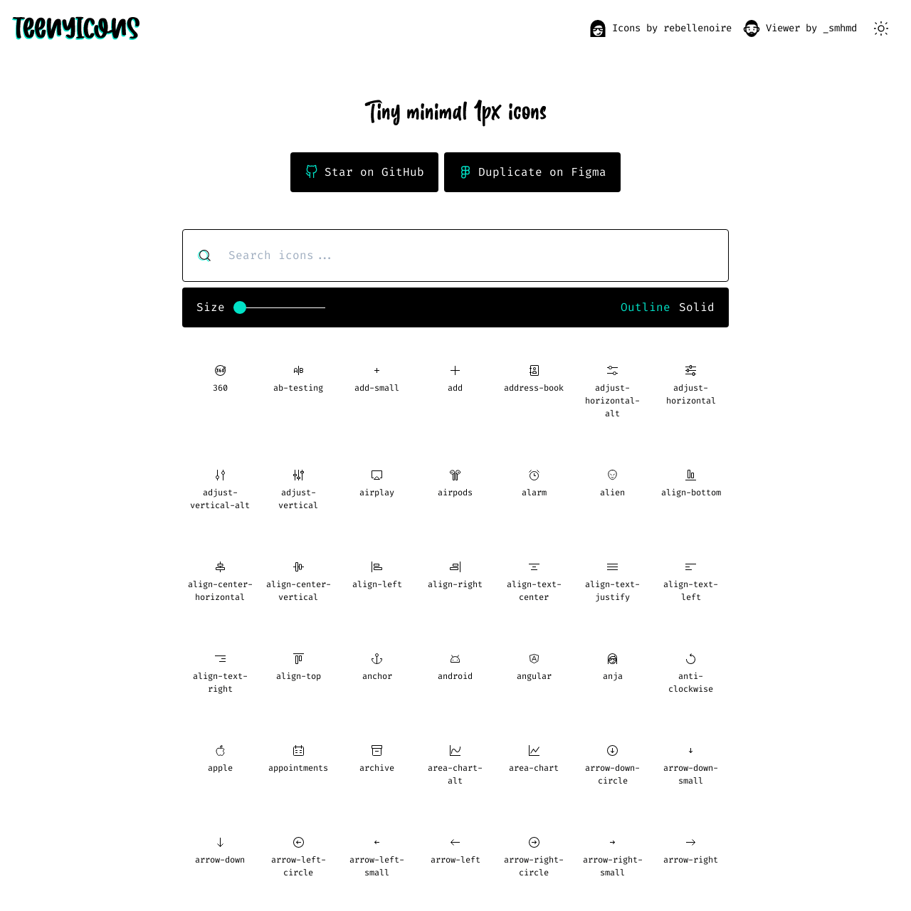 Screenshot of Teenyicons website