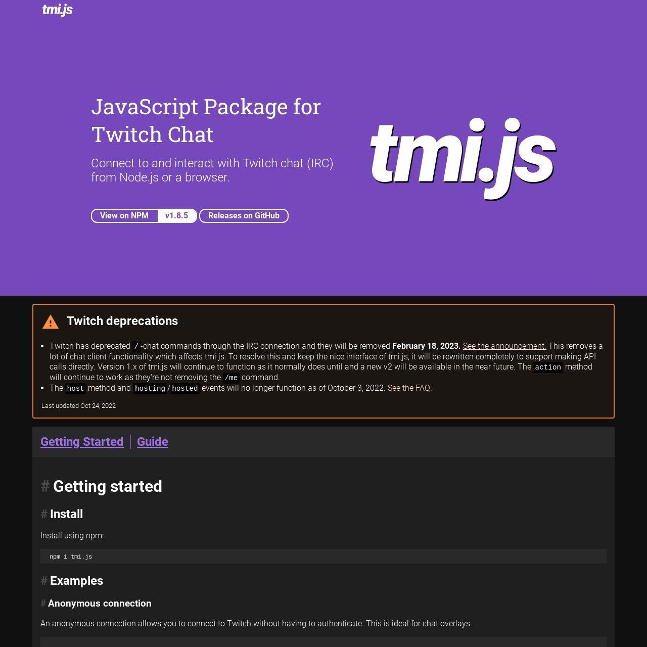 Screenshot of tmi.js Twitch Chat website