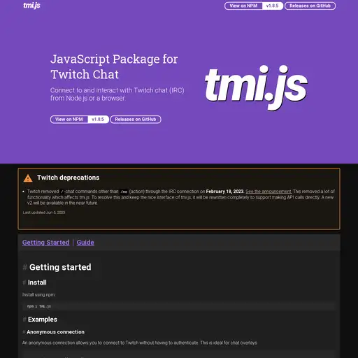 Screenshot of tmi.js Twitch Chat website