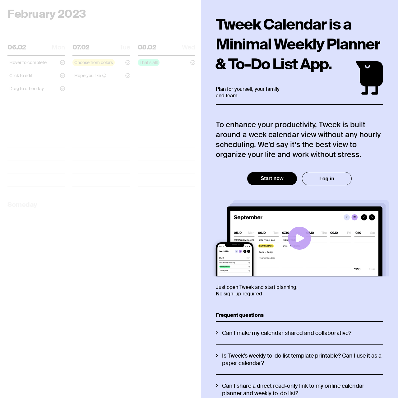 Screenshot of Tweek Calendar website