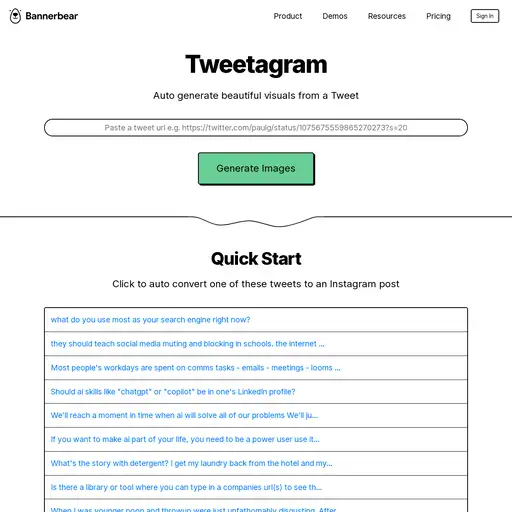 Screenshot of Tweetagram website