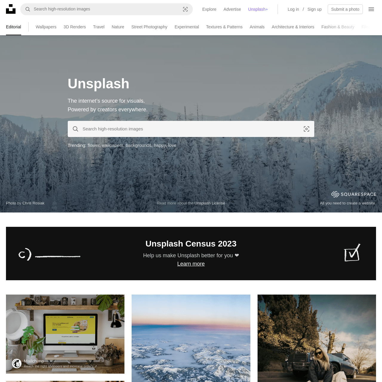 Screenshot of Unsplash website