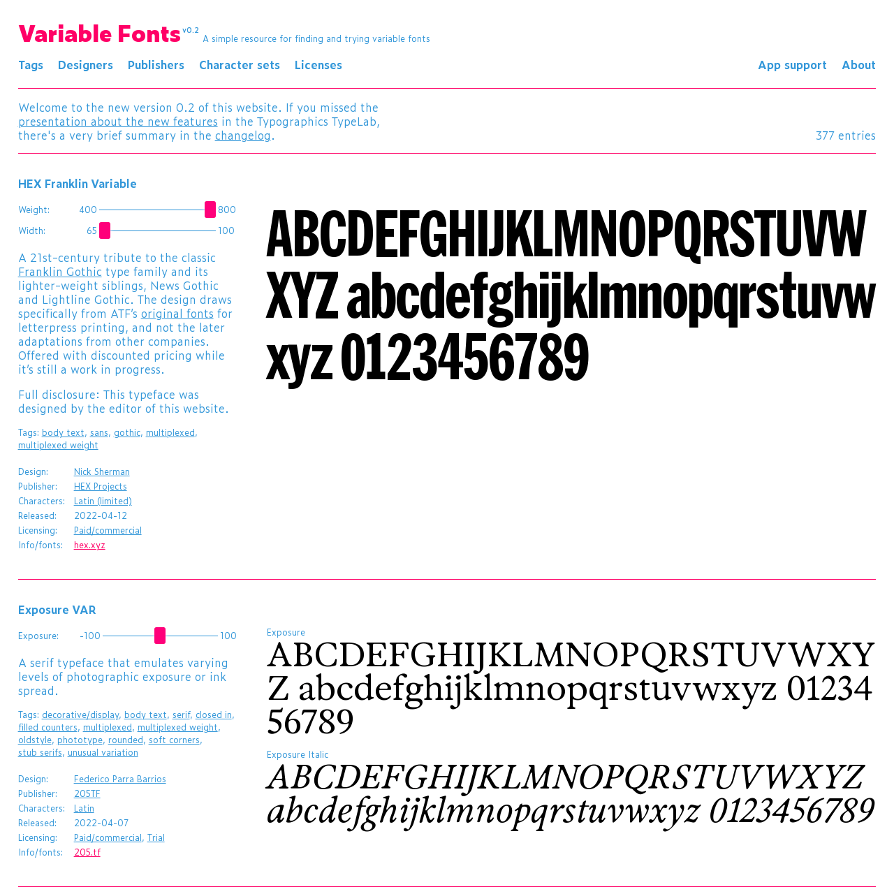 Screenshot of Variable Fonts website