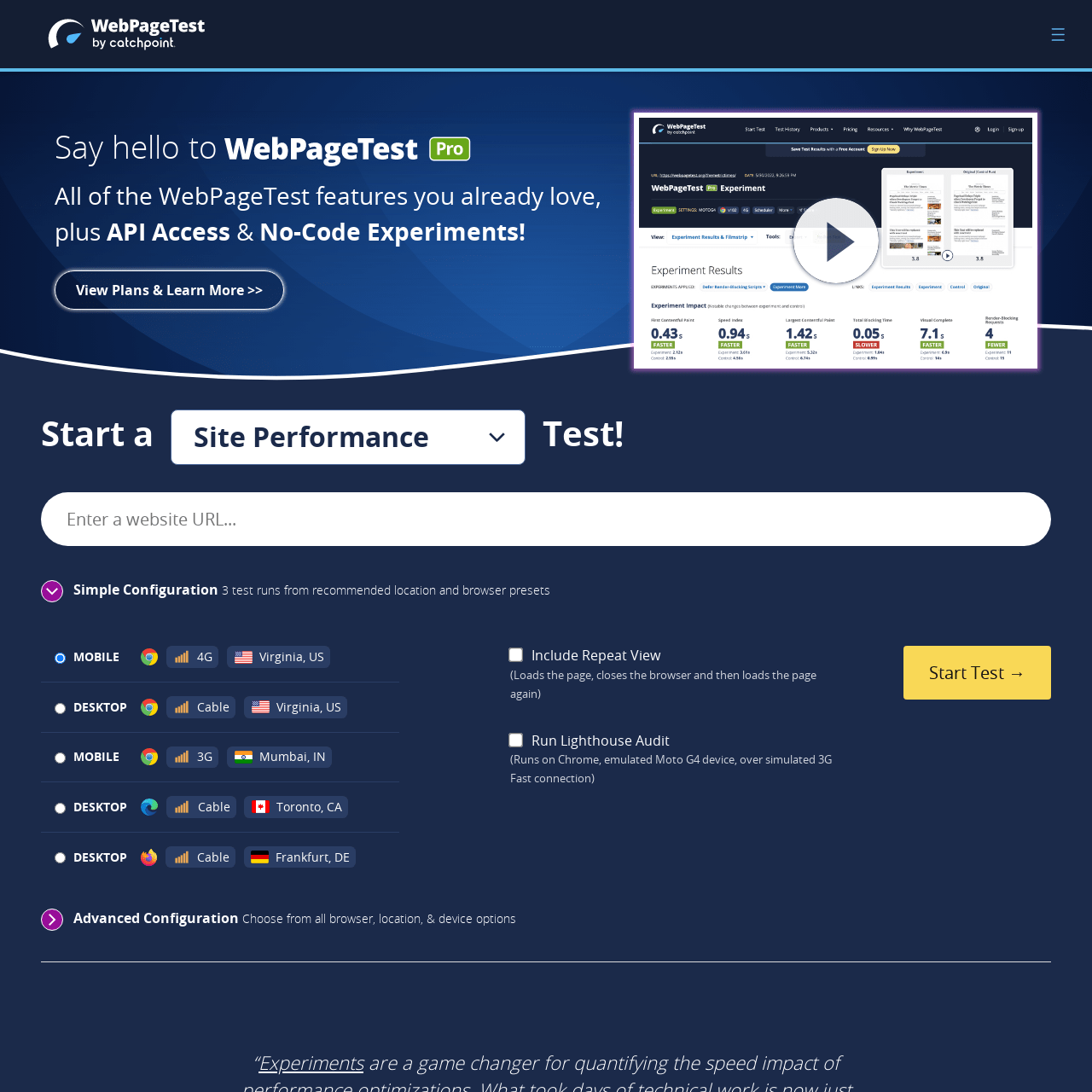 Screenshot of WebPageTest website