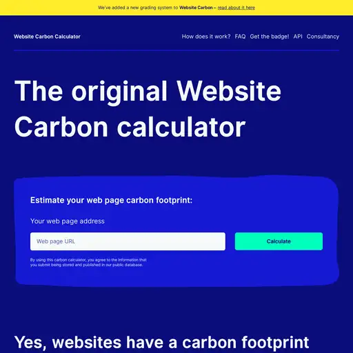 Screenshot of Website Carbon Calculator website