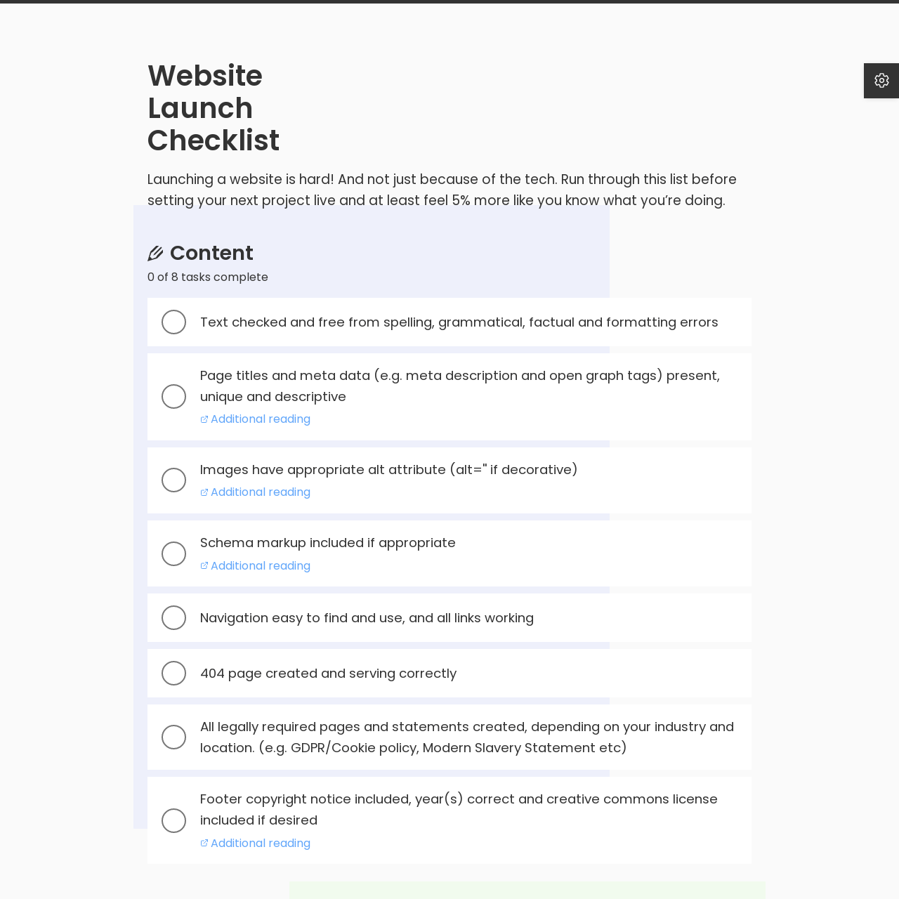 Screenshot of Website Launch Checklist website