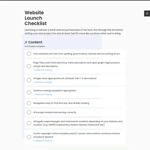 Screenshot of Website Launch Checklist website