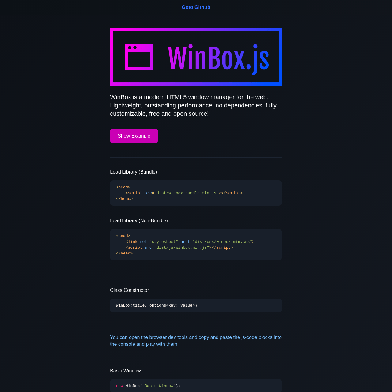 Screenshot of WinBox.js website