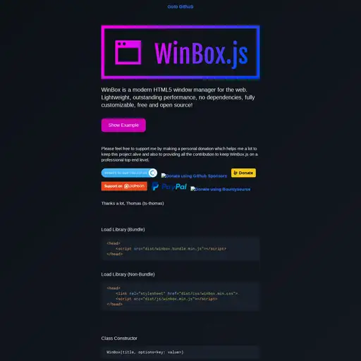 Screenshot of WinBox.js website