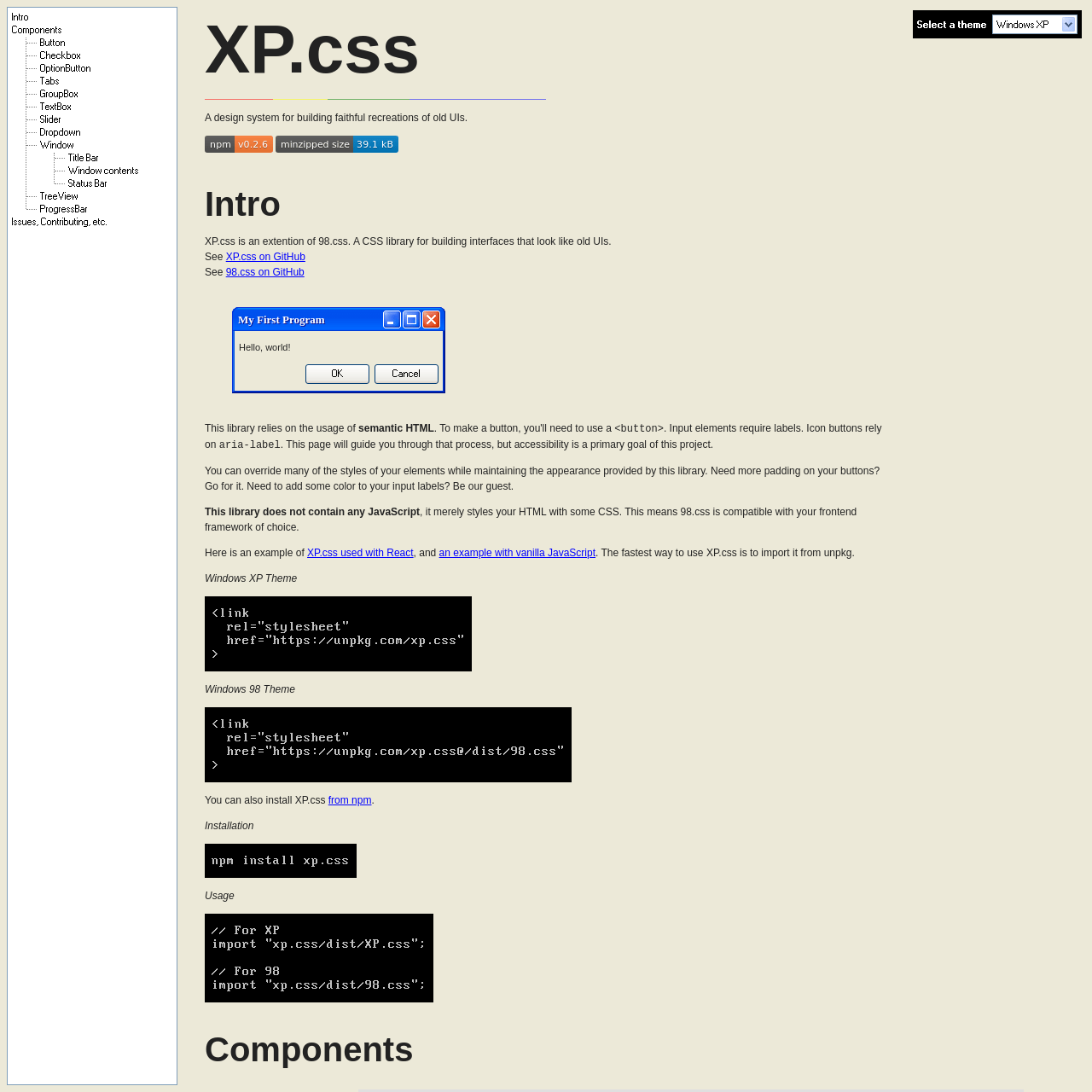 Screenshot of XP.css website