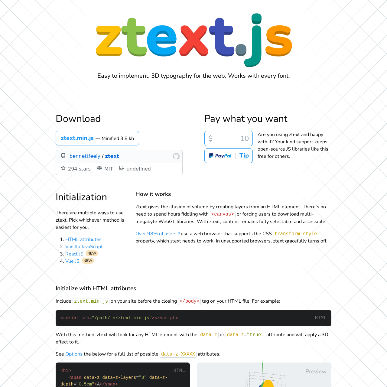 Screenshot of ztext.js website