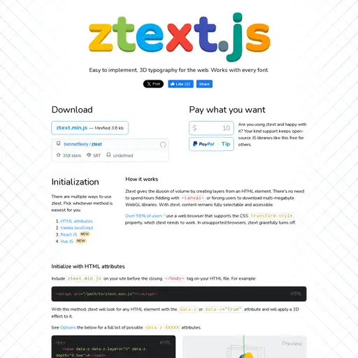 Screenshot of ztext.js website